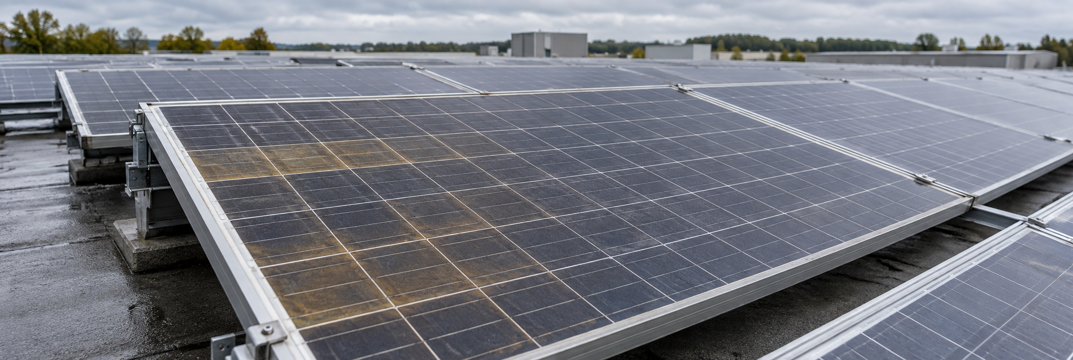 KI-generiertes Symbolbild: gealterte PV-Module mit sichtbaren Verfärbungen im Modulverbund