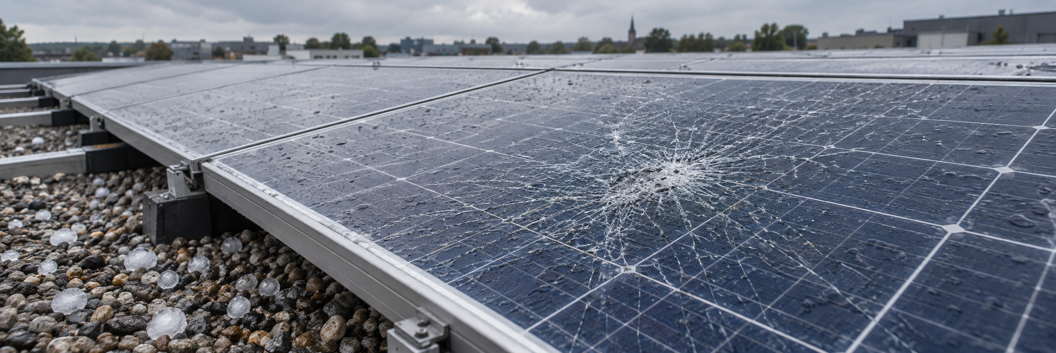 KI-generiertes Symbolbild: beschädigtes PV-Modul nach einem Hagelereignis