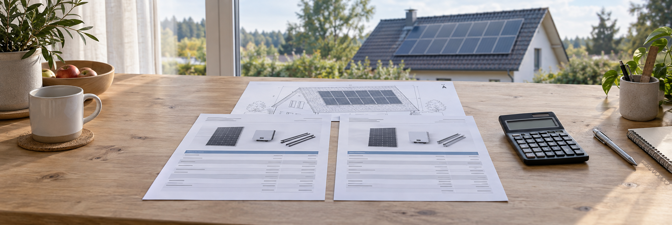 KI-generiertes Symbolbild: Vergleich zweier PV-Angebote mit Anlagenplanung und Taschenrechner