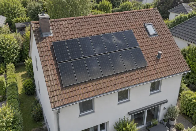 Drohnenaufnahme eines Satteldachs mit PV-Anlage