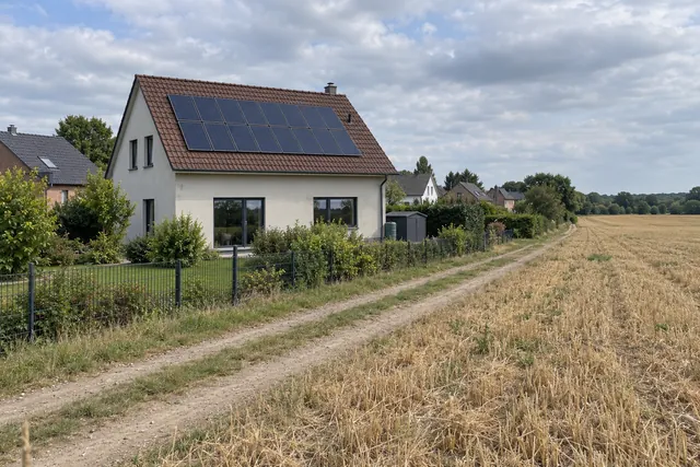 Einfamilienhaus mit PV-Anlage am Feldrand